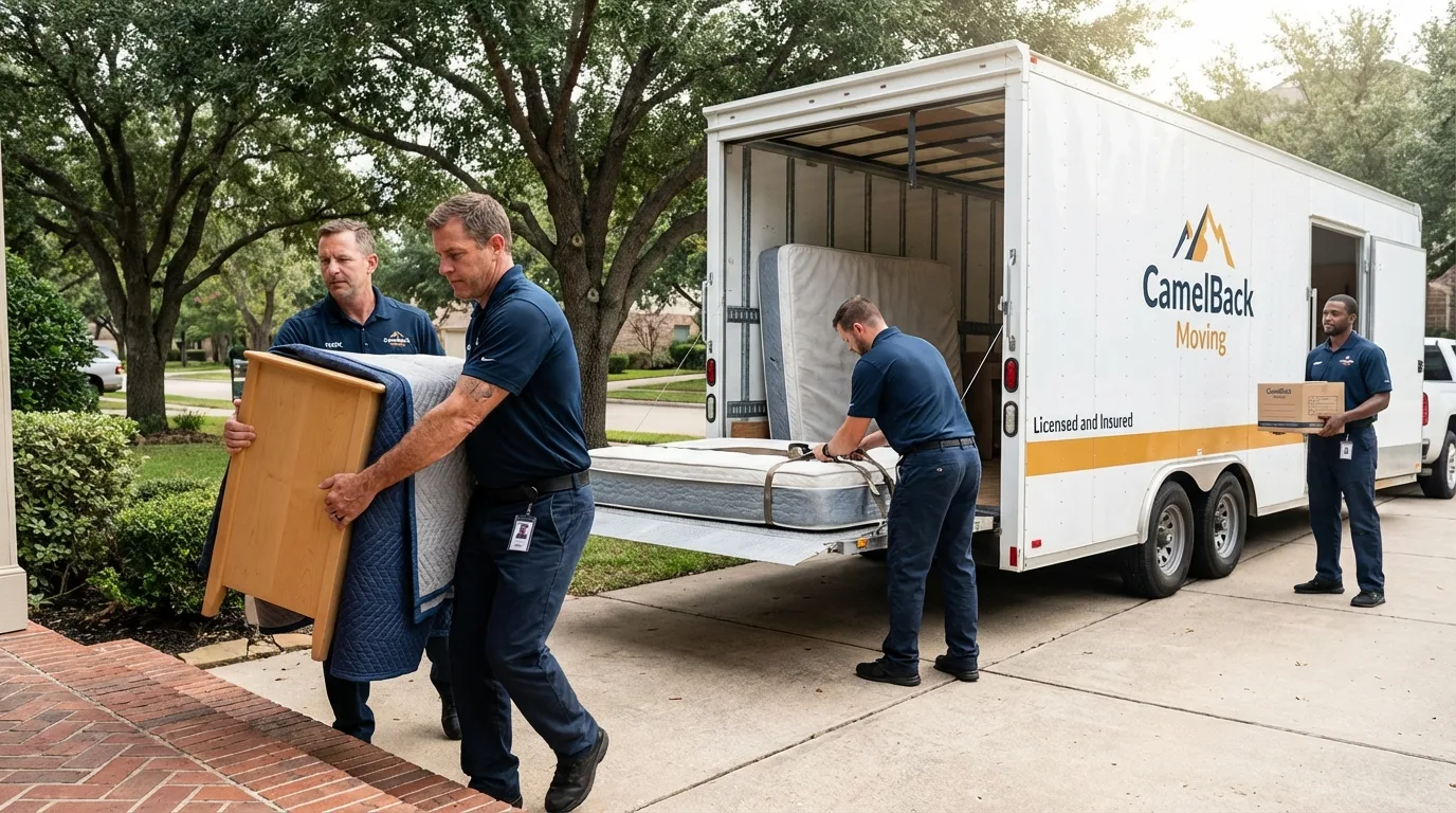 Crew loading residential truck for cross-state move from San Benito, TX