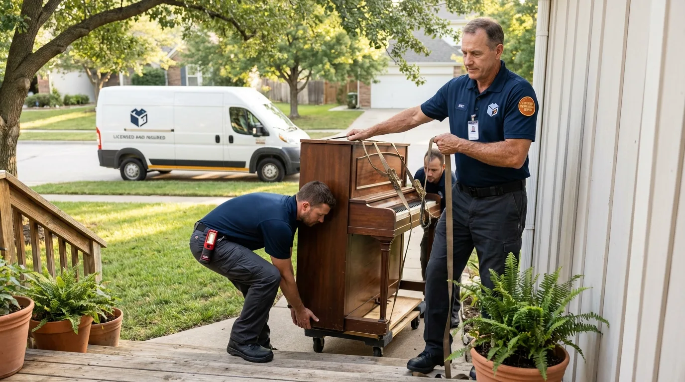 Licensed piano movers securing grand piano in San Benito, TX