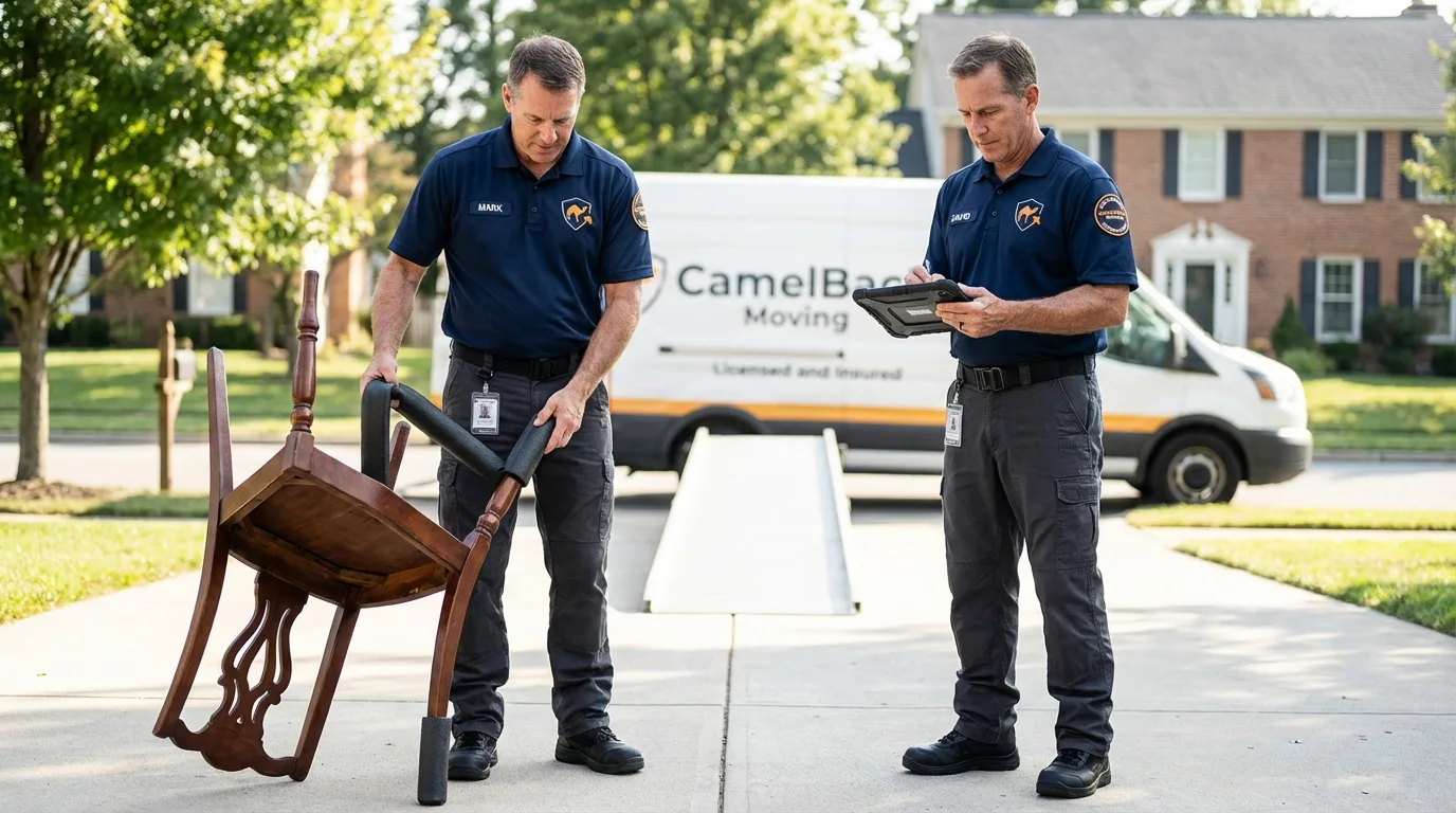 Movers inspecting furniture for damage prevention before loading in San Benito, TX