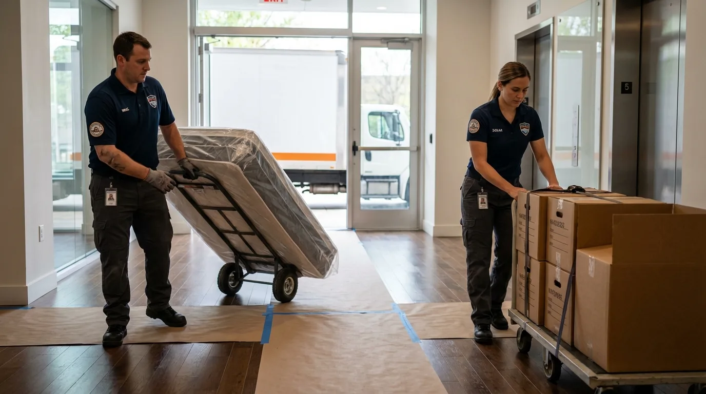 Professional apartment movers loading elevator in San Benito, TX