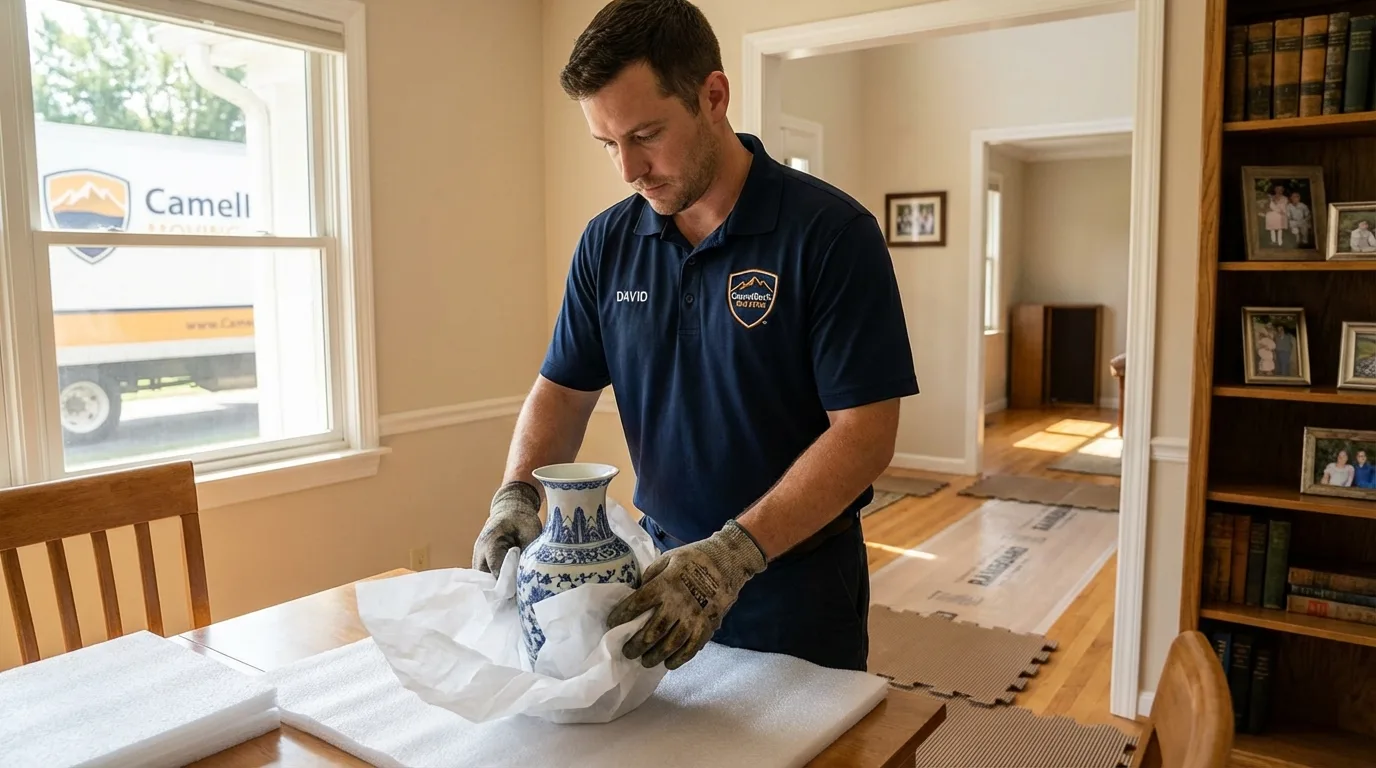 Professional crew carefully wrapping antique vase for senior downsizing move in San Benito, TX